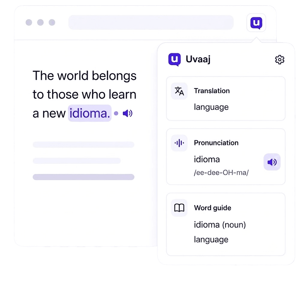 Uvaaj extension highlighting a word and showing translation, pronunciation, and word guide